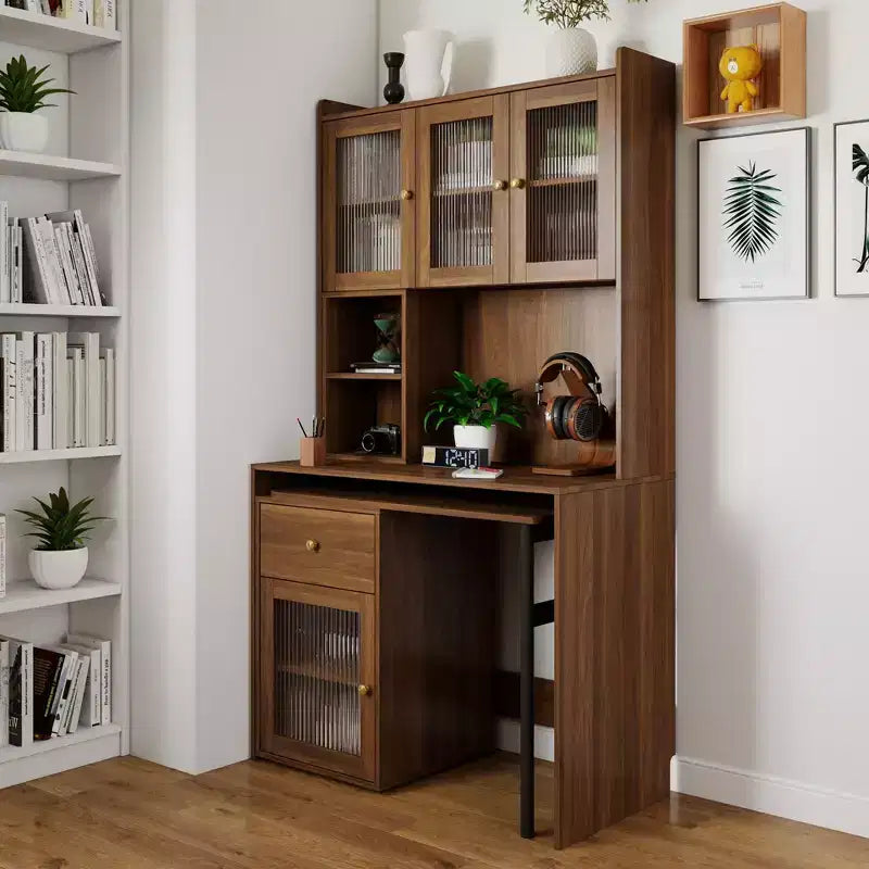 Okak 39.3IN Modern Computer Desk with Glass Doors, Folding L Shaped Table with Bookshelf and Hutch, Home Office Desks for Study, Living Room