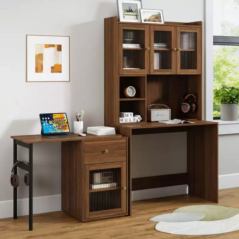 Okak 39.3IN Modern Computer Desk with Glass Doors, Folding L Shaped Table with Bookshelf and Hutch, Home Office Desks for Study, Living Room