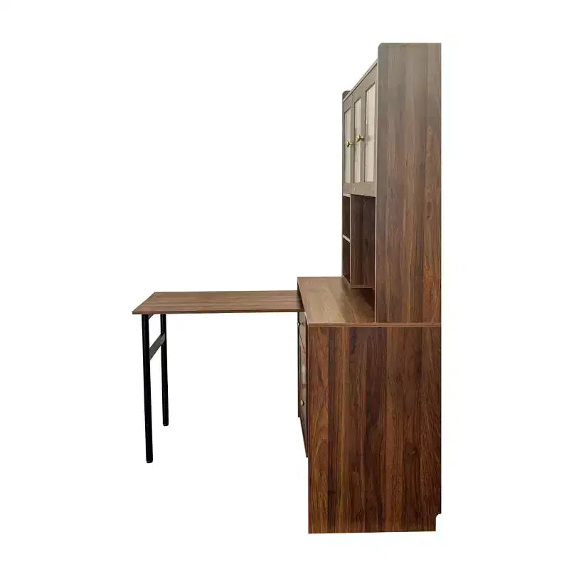 Okak 39.3IN Modern Computer Desk with Glass Doors, Folding L Shaped Table with Bookshelf and Hutch, Home Office Desks for Study, Living Room