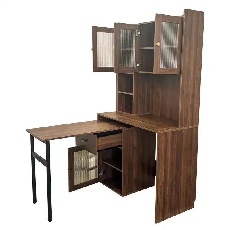 Okak 39.3IN Modern Computer Desk with Glass Doors, Folding L Shaped Table with Bookshelf and Hutch, Home Office Desks for Study, Living Room