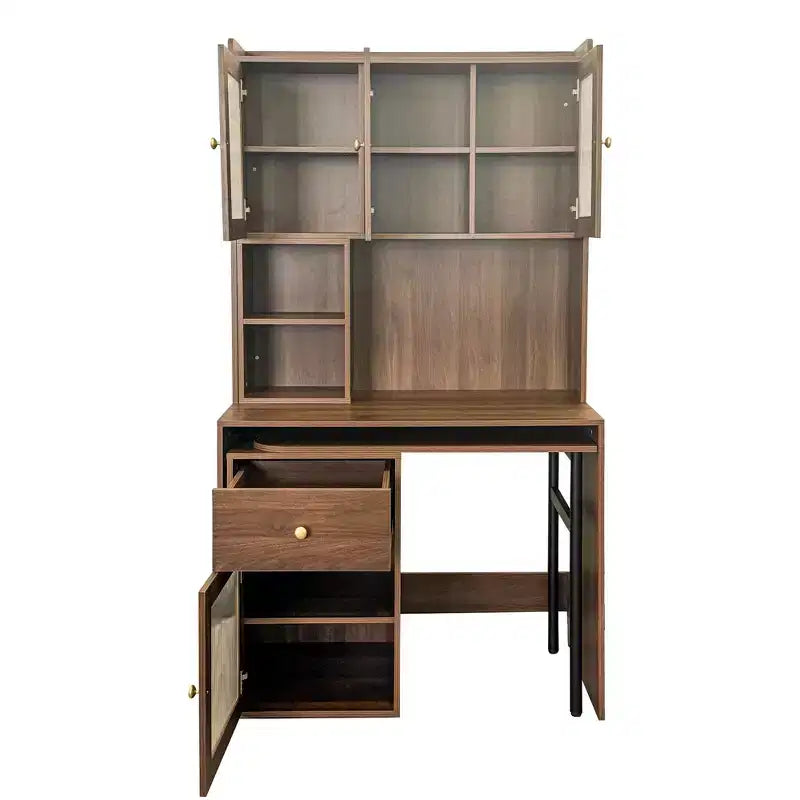 Okak 39.3IN Modern Computer Desk with Glass Doors, Folding L Shaped Table with Bookshelf and Hutch, Home Office Desks for Study, Living Room