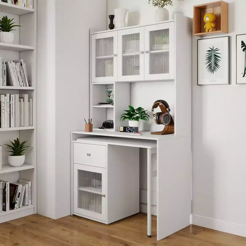 Okak 39.3IN Modern Computer Desk with Glass Doors, Folding L Shaped Table with Bookshelf and Hutch, Home Office Desks for Study, Living Room