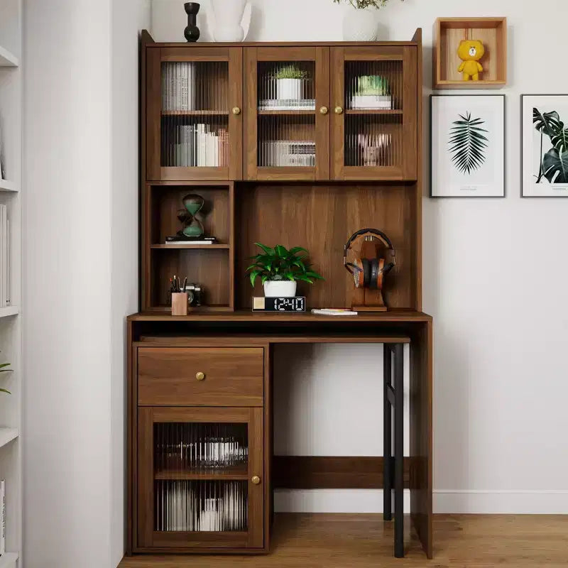 Okak 39.3IN Modern Computer Desk with Glass Doors, Folding L Shaped Table with Bookshelf and Hutch, Home Office Desks for Study, Living Room