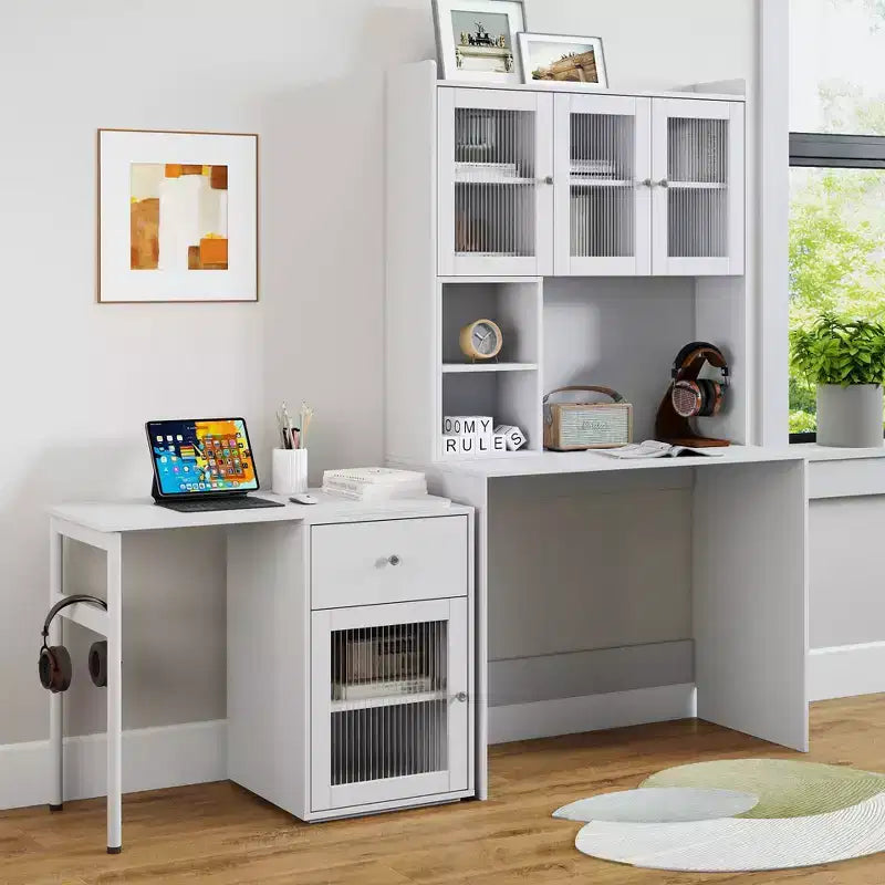 Okak 39.3IN Modern Computer Desk with Glass Doors, Folding L Shaped Table with Bookshelf and Hutch, Home Office Desks for Study, Living Room