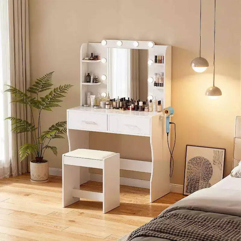 FDW Vanity Desk Makeup Vanity With Large Mirror And 3 Color Light Options Dressing Table Set With Adjustable Power Strip hair dryer holder