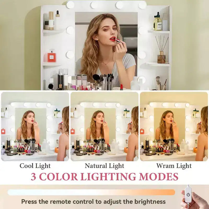 FDW Vanity Desk Makeup Vanity With Large Mirror And 3 Color Light Options Dressing Table Set With Adjustable Power Strip hair dryer holder