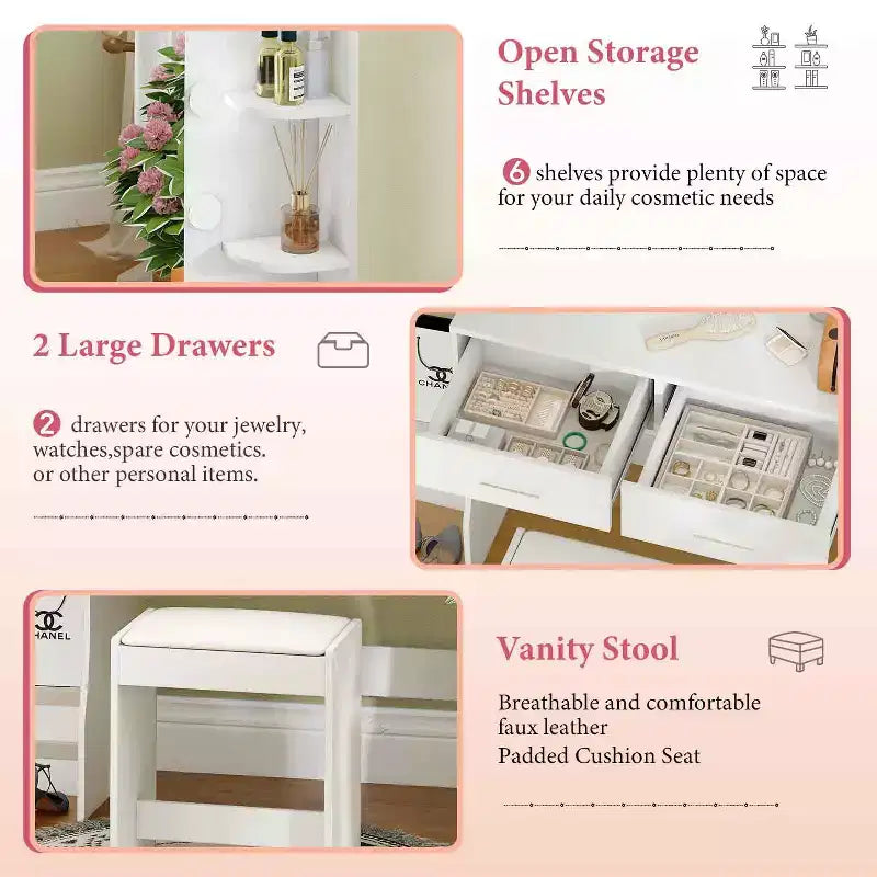 FDW Vanity Desk Makeup Vanity With Large Mirror And 3 Color Light Options Dressing Table Set With Adjustable Power Strip hair dryer holder