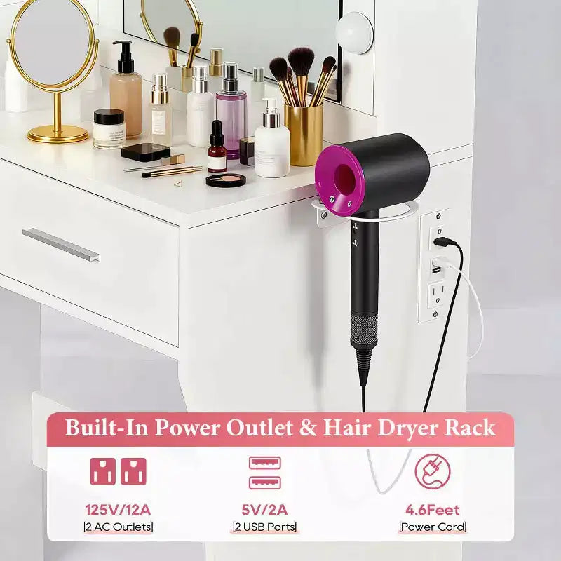 FDW Vanity Desk Makeup Vanity With Large Mirror And 3 Color Light Options Dressing Table Set With Adjustable Power Strip hair dryer holder