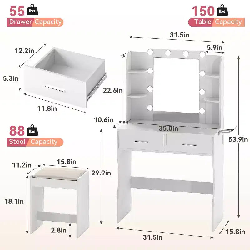 FDW Vanity Desk Makeup Vanity With Large Mirror And 3 Color Light Options Dressing Table Set With Adjustable Power Strip hair dryer holder