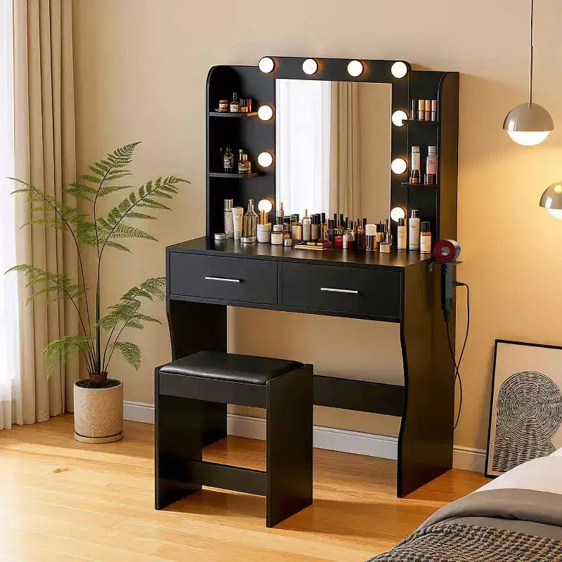 FDW Vanity Desk Makeup Vanity With Large Mirror And 3 Color Light Options Dressing Table Set With Adjustable Power Strip hair dryer holder