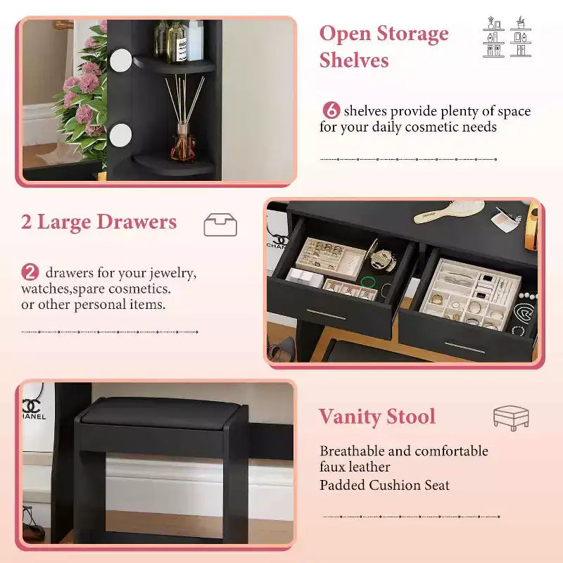 FDW Vanity Desk Makeup Vanity With Large Mirror And 3 Color Light Options Dressing Table Set With Adjustable Power Strip hair dryer holder