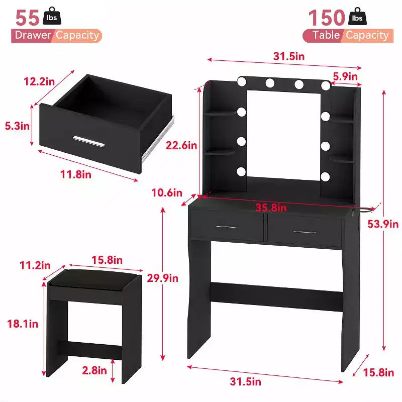 FDW Vanity Desk Makeup Vanity With Large Mirror And 3 Color Light Options Dressing Table Set With Adjustable Power Strip hair dryer holder