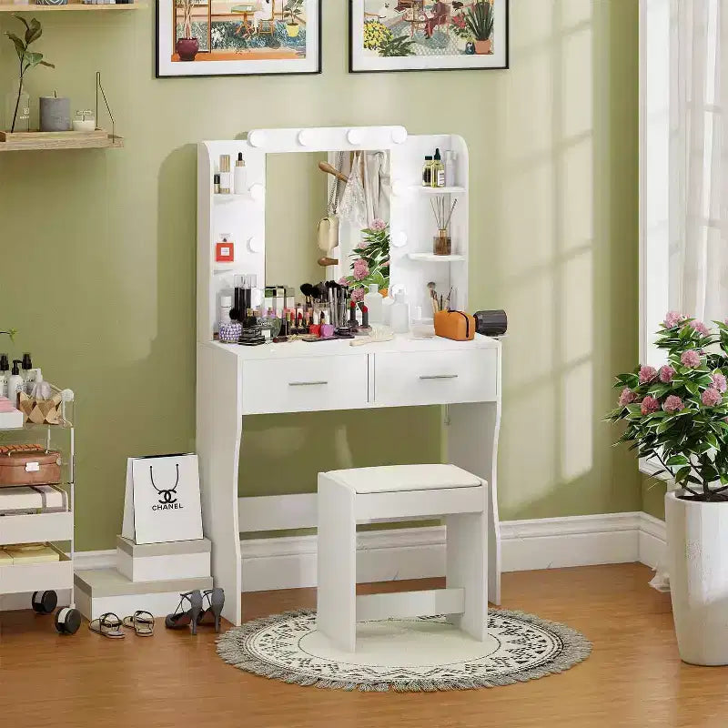 FDW Vanity Desk Makeup Vanity With Large Mirror And 3 Color Light Options Dressing Table Set With Adjustable Power Strip hair dryer holder