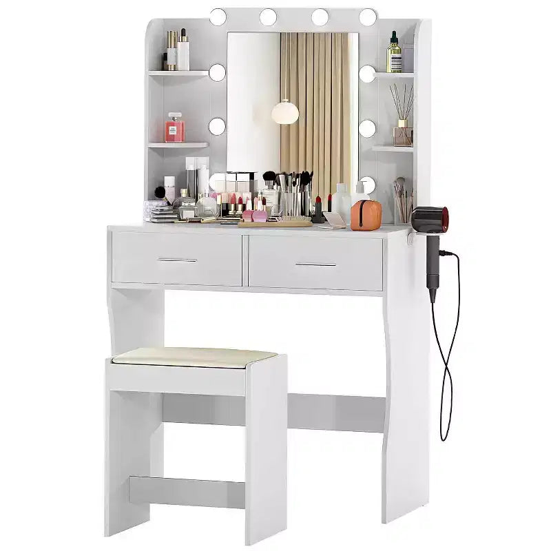 FDW Vanity Desk Makeup Vanity With Large Mirror And 3 Color Light Options Dressing Table Set With Adjustable Power Strip hair dryer holder
