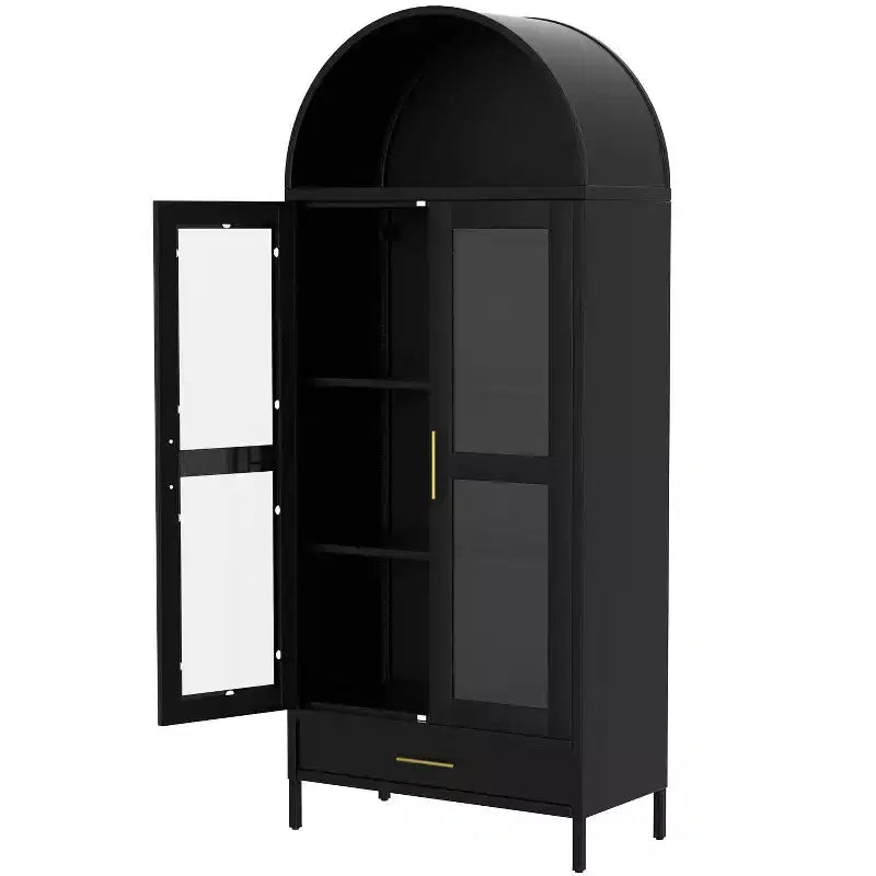 Arched Metal Storage Cabinet with Glass Doors, 73 Tall Display Bookcase with Adjustable Shelves