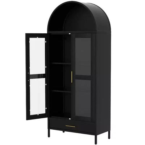 Arched Metal Storage Cabinet with Glass Doors, 73 Tall Display Bookcase with Adjustable Shelves