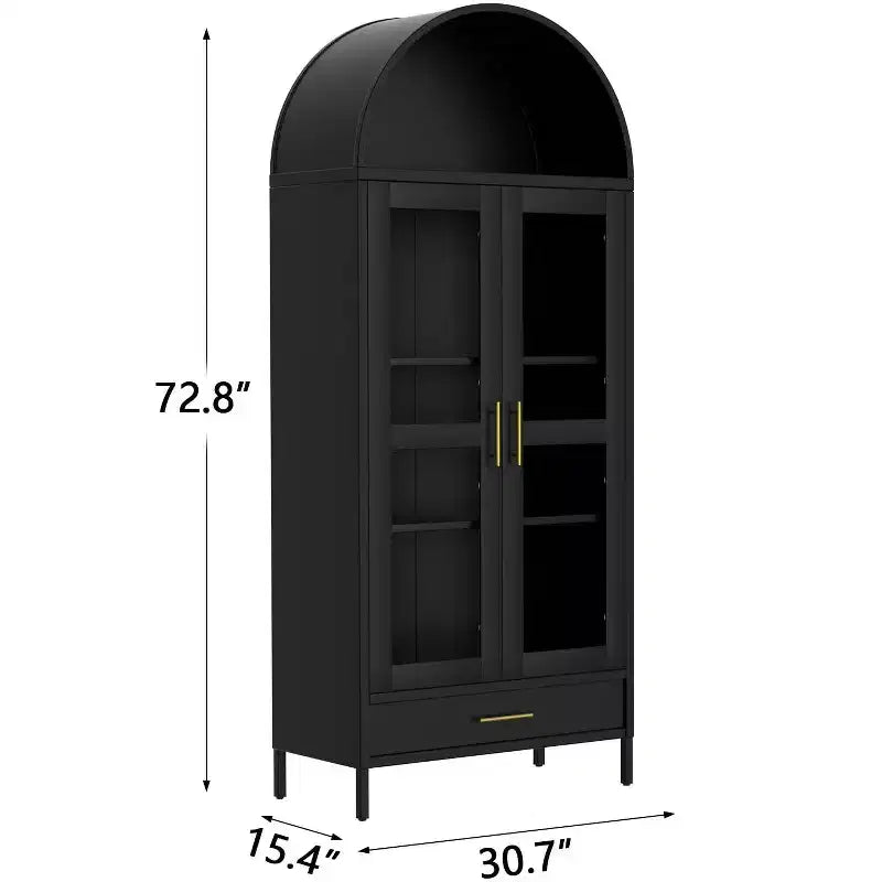 Arched Metal Storage Cabinet with Glass Doors, 73 Tall Display Bookcase with Adjustable Shelves
