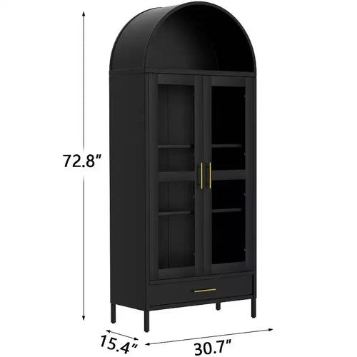 Arched Metal Storage Cabinet with Glass Doors, 73 Tall Display Bookcase with Adjustable Shelves