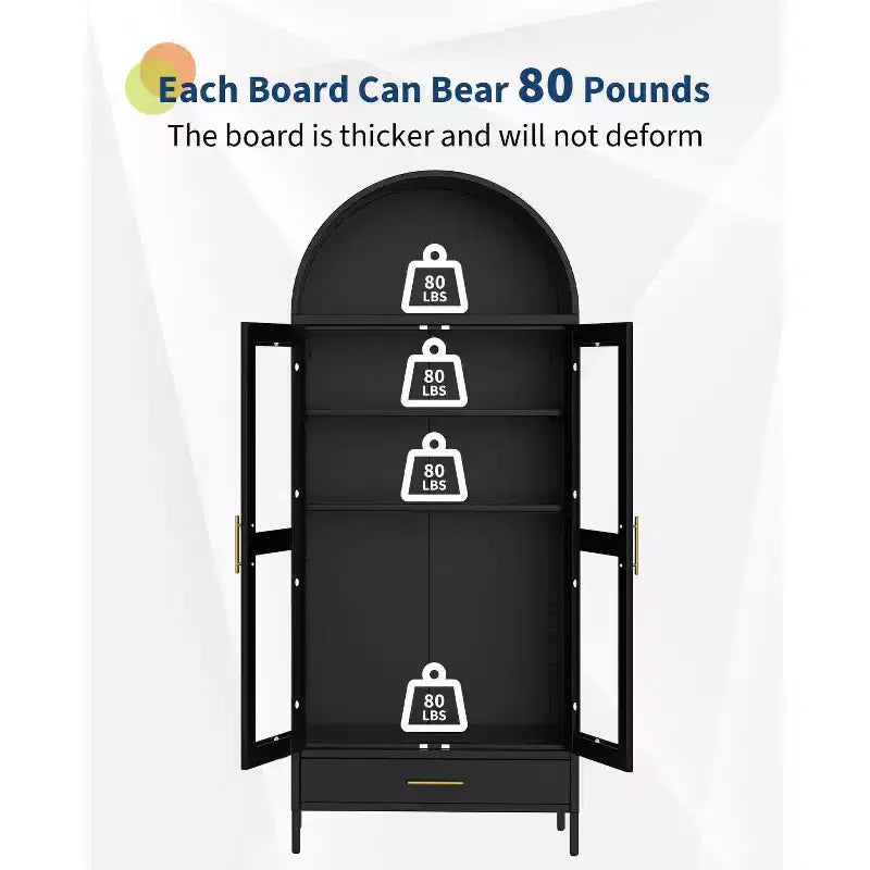 Arched Metal Storage Cabinet with Glass Doors, 73 Tall Display Bookcase with Adjustable Shelves