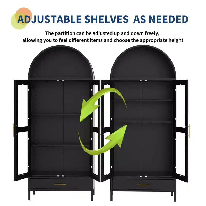 Arched Metal Storage Cabinet with Glass Doors, 73 Tall Display Bookcase with Adjustable Shelves
