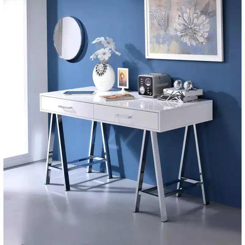 Okak 54IN Elegent Standing Desk with USB Port, Writing Desk with Chrome Legs and 2 Drawers, Office Desk for Workplace, Living Room