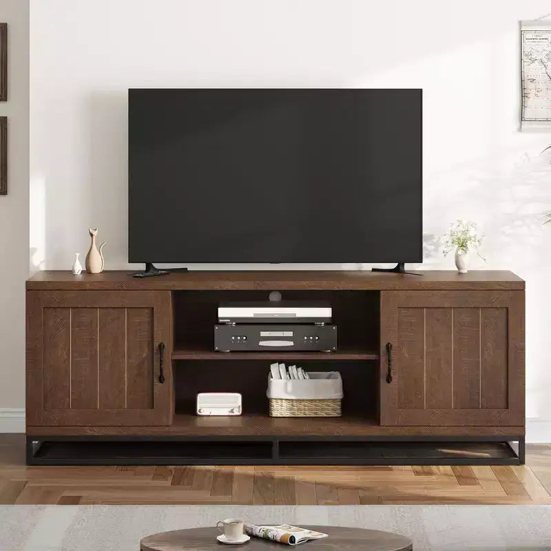 Brown TV Stand for 75inch, Farmhouse Entertainment Center with Sturdy Metal Leg & 2 Open Shelves, Wooden TV & Media Console Cabinet for Living Room