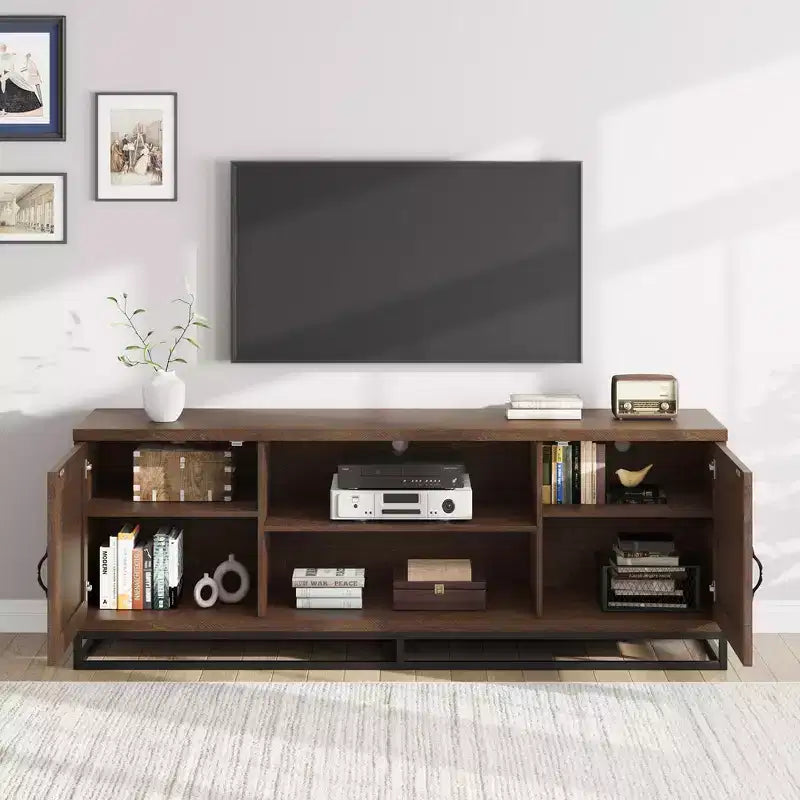 Brown TV Stand for 75inch, Farmhouse Entertainment Center with Sturdy Metal Leg & 2 Open Shelves, Wooden TV & Media Console Cabinet for Living Room