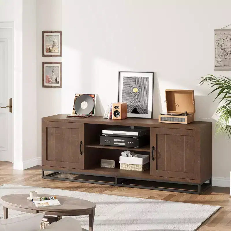 Brown TV Stand for 75inch, Farmhouse Entertainment Center with Sturdy Metal Leg & 2 Open Shelves, Wooden TV & Media Console Cabinet for Living Room