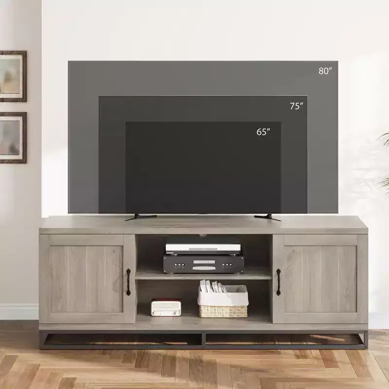 Brown TV Stand for 75inch, Farmhouse Entertainment Center with Sturdy Metal Leg & 2 Open Shelves, Wooden TV & Media Console Cabinet for Living Room