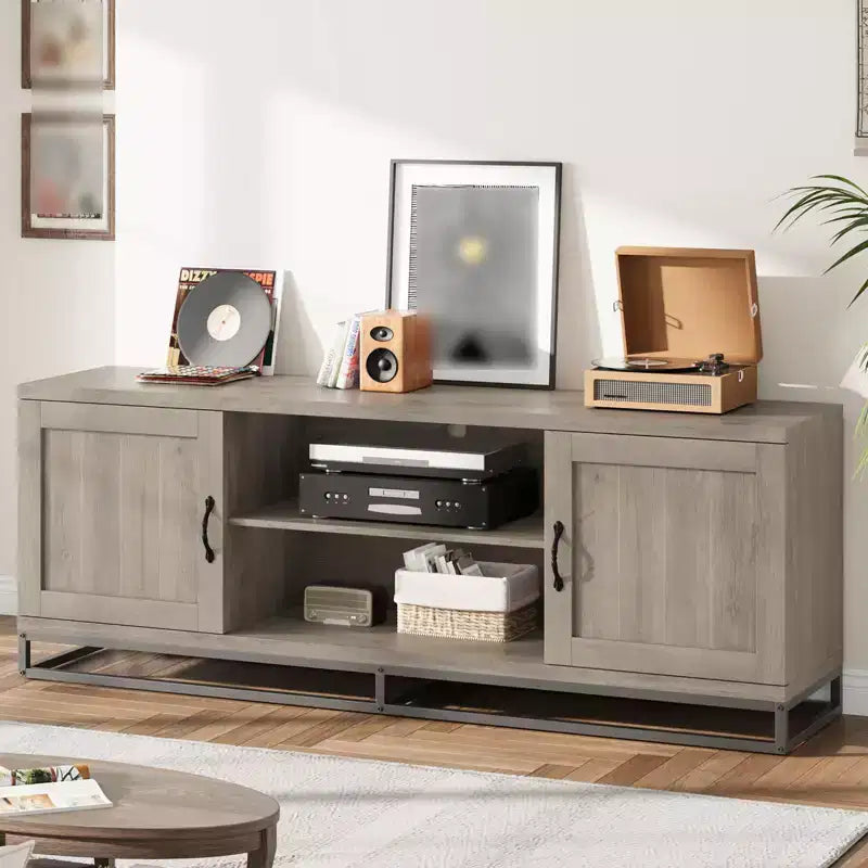 Brown TV Stand for 75inch, Farmhouse Entertainment Center with Sturdy Metal Leg & 2 Open Shelves, Wooden TV & Media Console Cabinet for Living Room