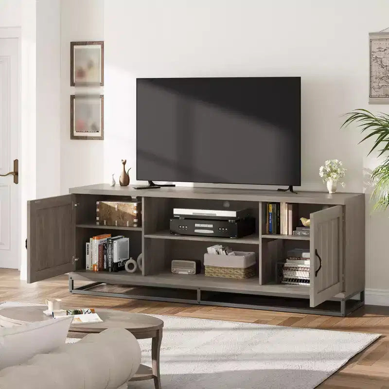Brown TV Stand for 75inch, Farmhouse Entertainment Center with Sturdy Metal Leg & 2 Open Shelves, Wooden TV & Media Console Cabinet for Living Room