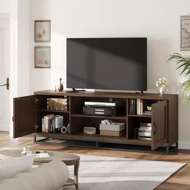 Brown TV Stand for 75inch, Farmhouse Entertainment Center with Sturdy Metal Leg & 2 Open Shelves, Wooden TV & Media Console Cabinet for Living Room