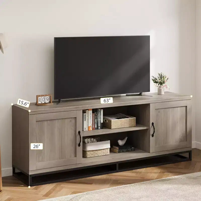 Brown TV Stand for 75inch, Farmhouse Entertainment Center with Sturdy Metal Leg & 2 Open Shelves, Wooden TV & Media Console Cabinet for Living Room