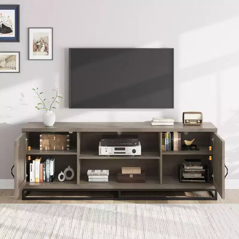 Brown TV Stand for 75inch, Farmhouse Entertainment Center with Sturdy Metal Leg & 2 Open Shelves, Wooden TV & Media Console Cabinet for Living Room