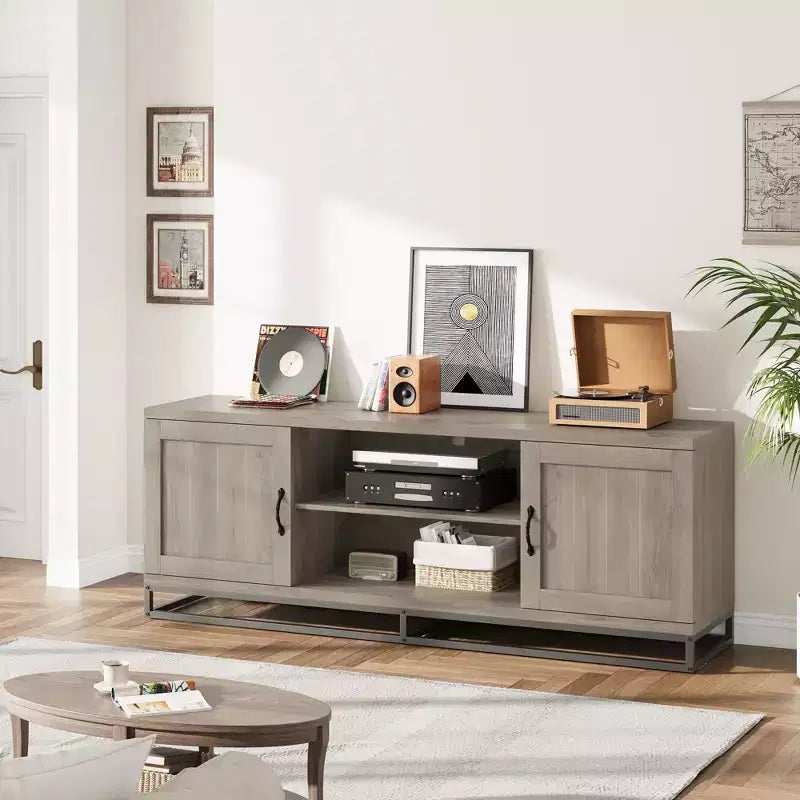 Brown TV Stand for 75inch, Farmhouse Entertainment Center with Sturdy Metal Leg & 2 Open Shelves, Wooden TV & Media Console Cabinet for Living Room