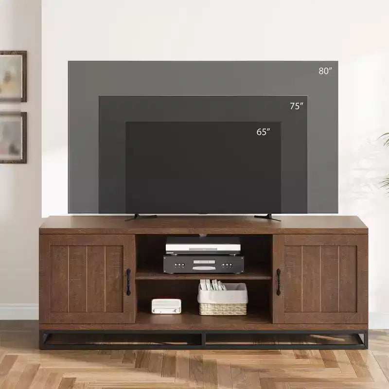 Brown TV Stand for 75inch, Farmhouse Entertainment Center with Sturdy Metal Leg & 2 Open Shelves, Wooden TV & Media Console Cabinet for Living Room