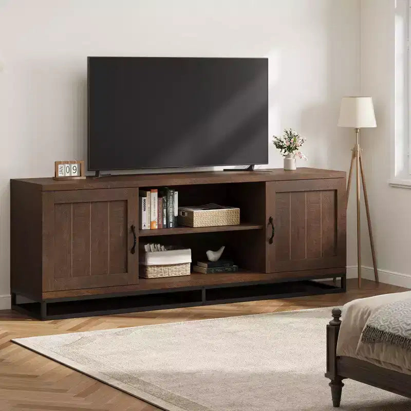 Brown TV Stand for 75inch, Farmhouse Entertainment Center with Sturdy Metal Leg & 2 Open Shelves, Wooden TV & Media Console Cabinet for Living Room