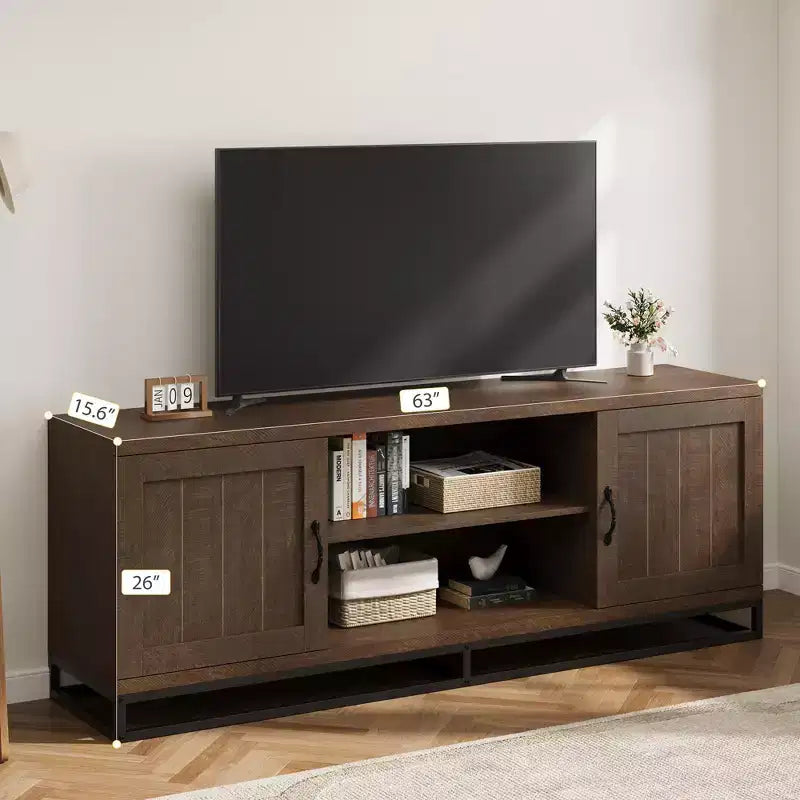 Brown TV Stand for 75inch, Farmhouse Entertainment Center with Sturdy Metal Leg & 2 Open Shelves, Wooden TV & Media Console Cabinet for Living Room