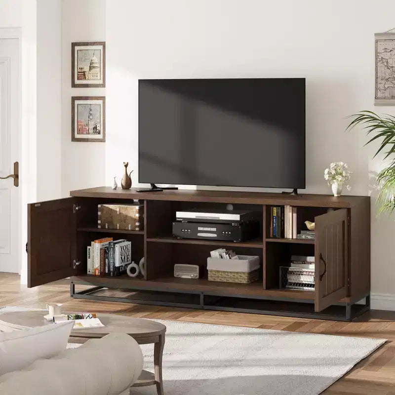 Brown TV Stand for 75inch, Farmhouse Entertainment Center with Sturdy Metal Leg & 2 Open Shelves, Wooden TV & Media Console Cabinet for Living Room