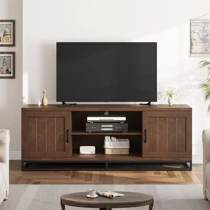 Brown TV Stand for 75inch, Farmhouse Entertainment Center with Sturdy Metal Leg & 2 Open Shelves, Wooden TV & Media Console Cabinet for Living Room