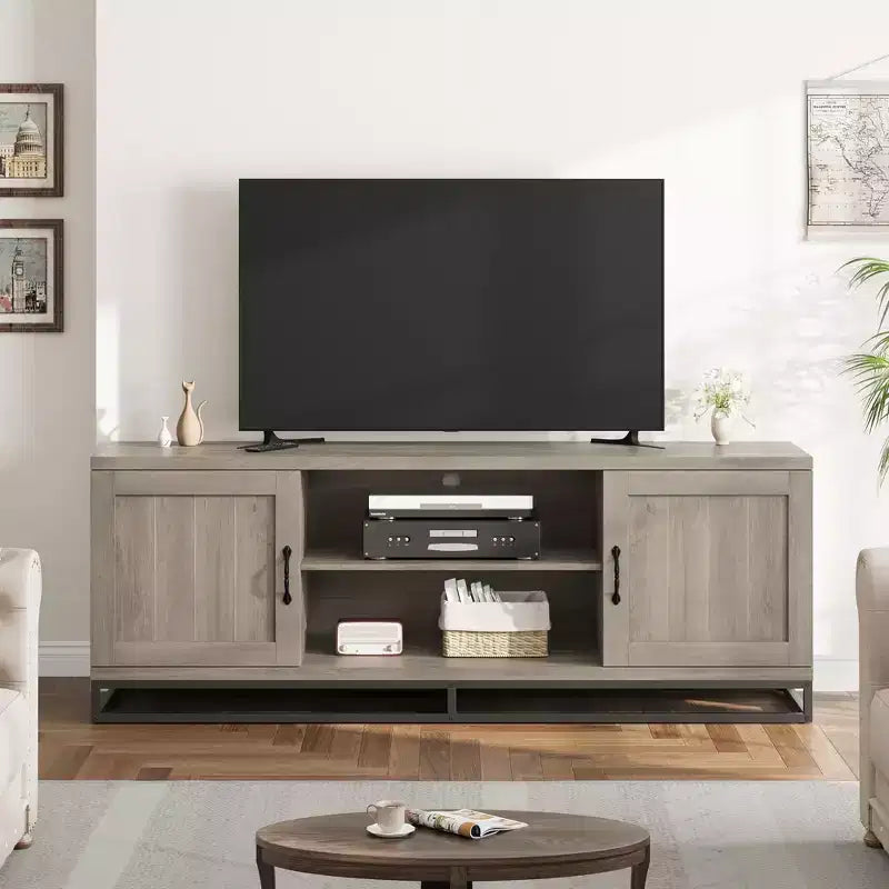 Brown TV Stand for 75inch, Farmhouse Entertainment Center with Sturdy Metal Leg & 2 Open Shelves, Wooden TV & Media Console Cabinet for Living Room