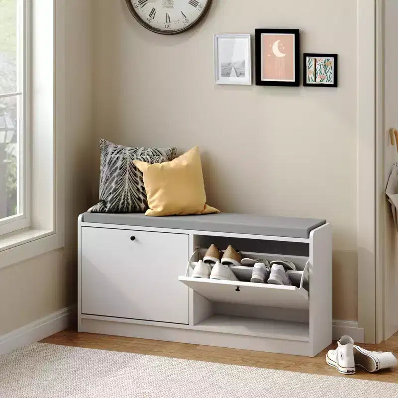 Narrow Shoe Bench Storage Bench Entryway Bench Small Shoe Cabinet Storage Chest with Cushion, White - ModernLuxe