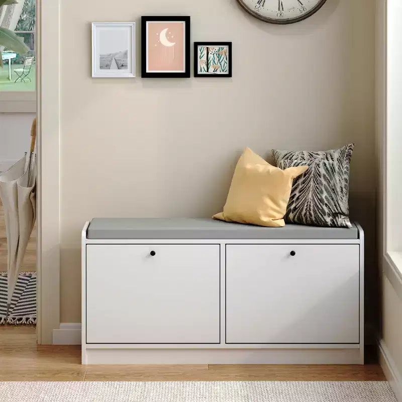 Narrow Shoe Bench Storage Bench Entryway Bench Small Shoe Cabinet Storage Chest with Cushion, White - ModernLuxe