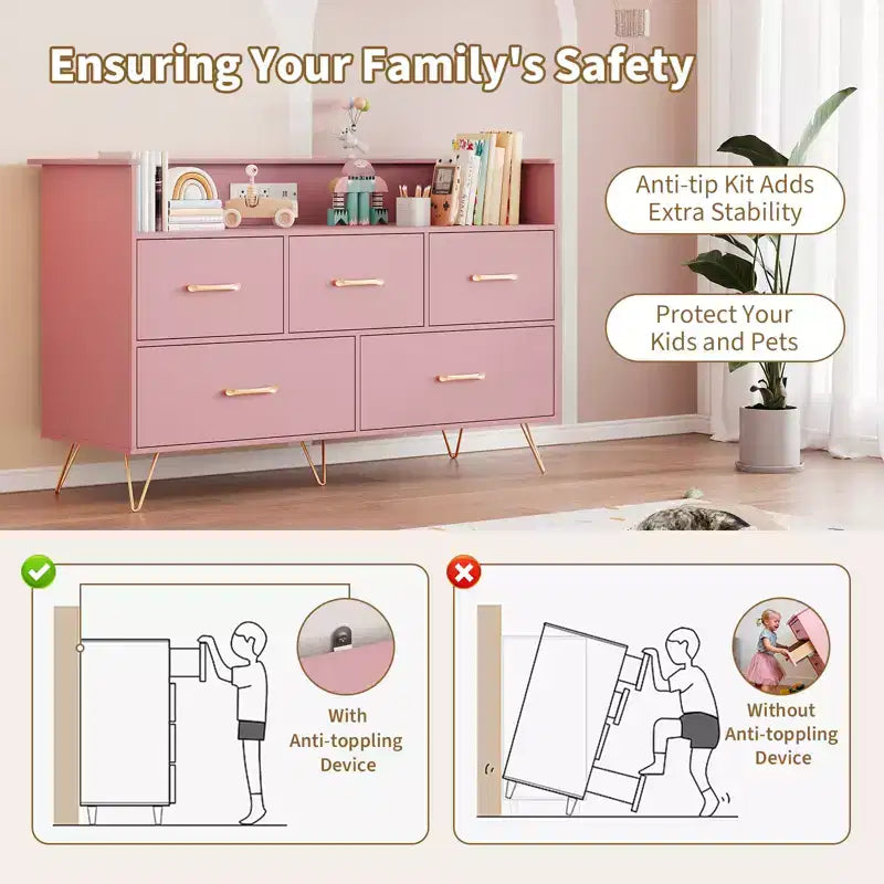 Dresser for Bedroom with 5 Drawers ,Wide Chest of Drawers with Freestanding Storage Organizer,for Closet, Hallway, Entryway, Nursery