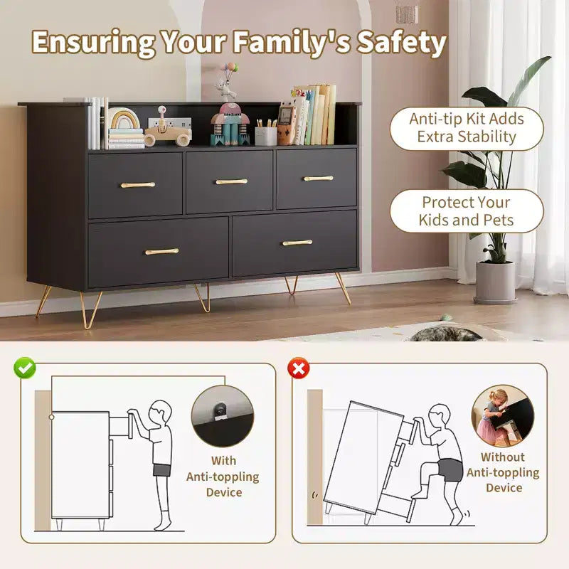 Dresser for Bedroom with 5 Drawers ,Wide Chest of Drawers with Freestanding Storage Organizer,for Closet, Hallway, Entryway, Nursery