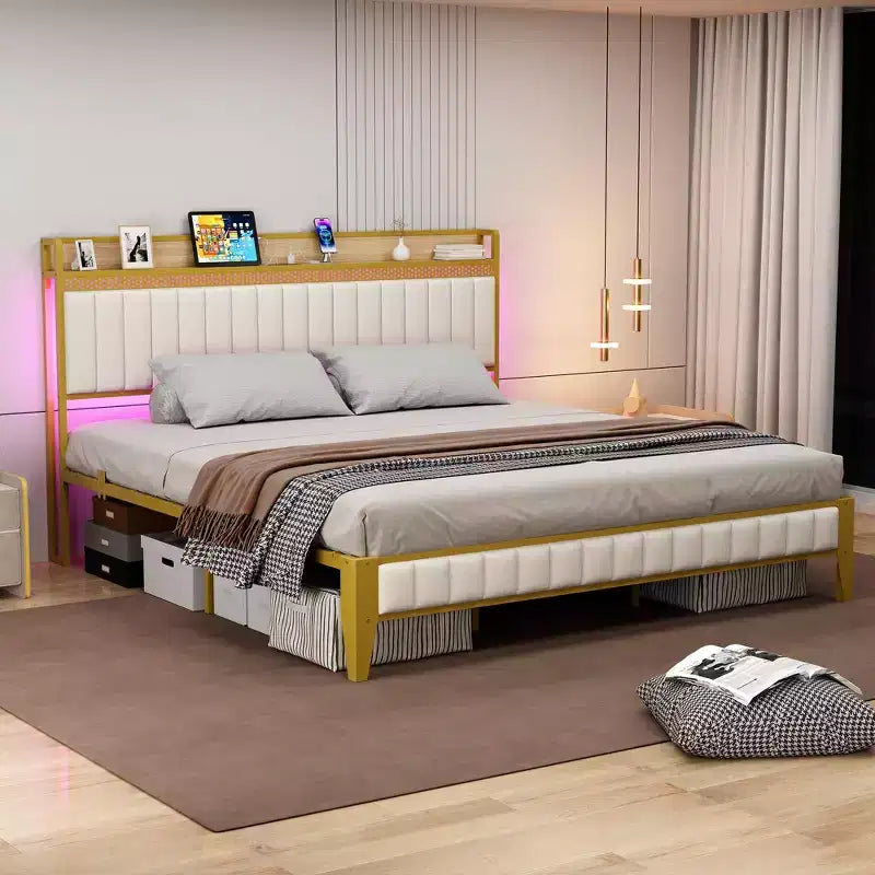 King Size Platform Bed Frame with Storage Headboard Built-In Charging Station, No Box Spring Needed, Easy Assembly, White