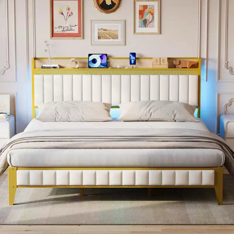 King Size Platform Bed Frame with Storage Headboard Built-In Charging Station, No Box Spring Needed, Easy Assembly, White