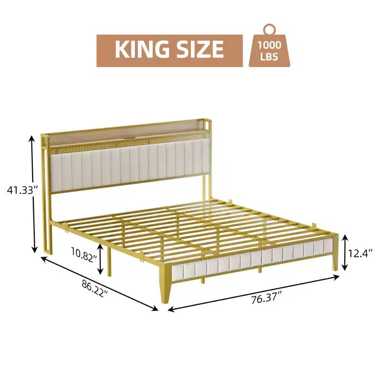 King Size Platform Bed Frame with Storage Headboard Built-In Charging Station, No Box Spring Needed, Easy Assembly, White