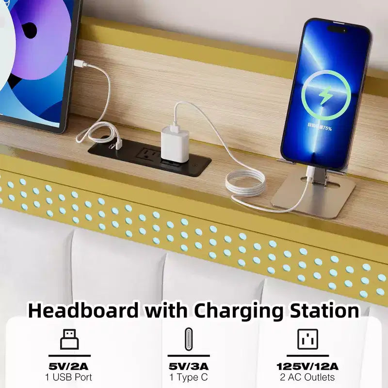 King Size Platform Bed Frame with Storage Headboard Built-In Charging Station, No Box Spring Needed, Easy Assembly, White