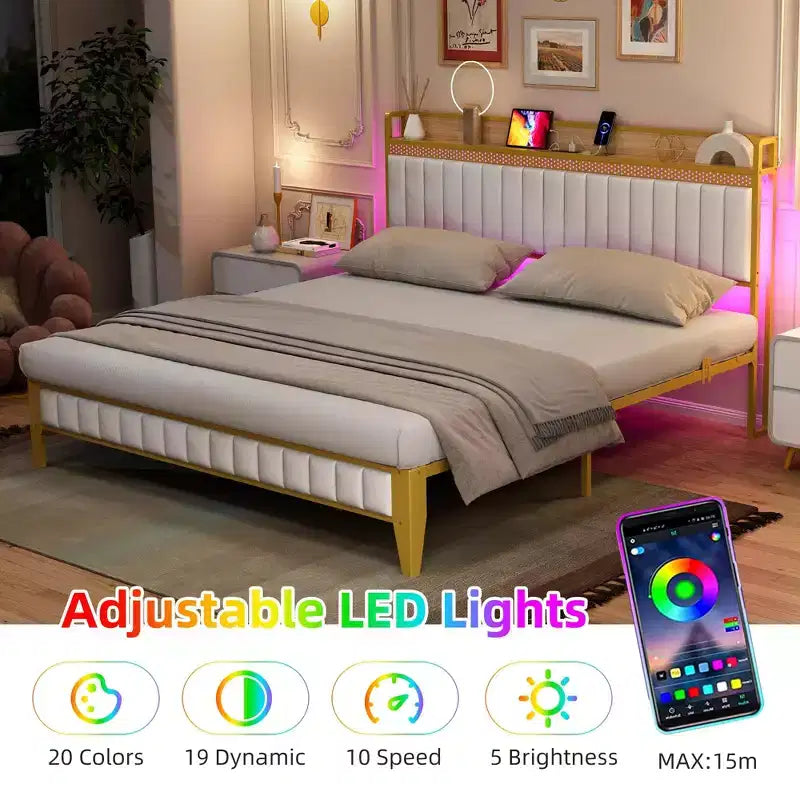 King Size Platform Bed Frame with Storage Headboard Built-In Charging Station, No Box Spring Needed, Easy Assembly, White